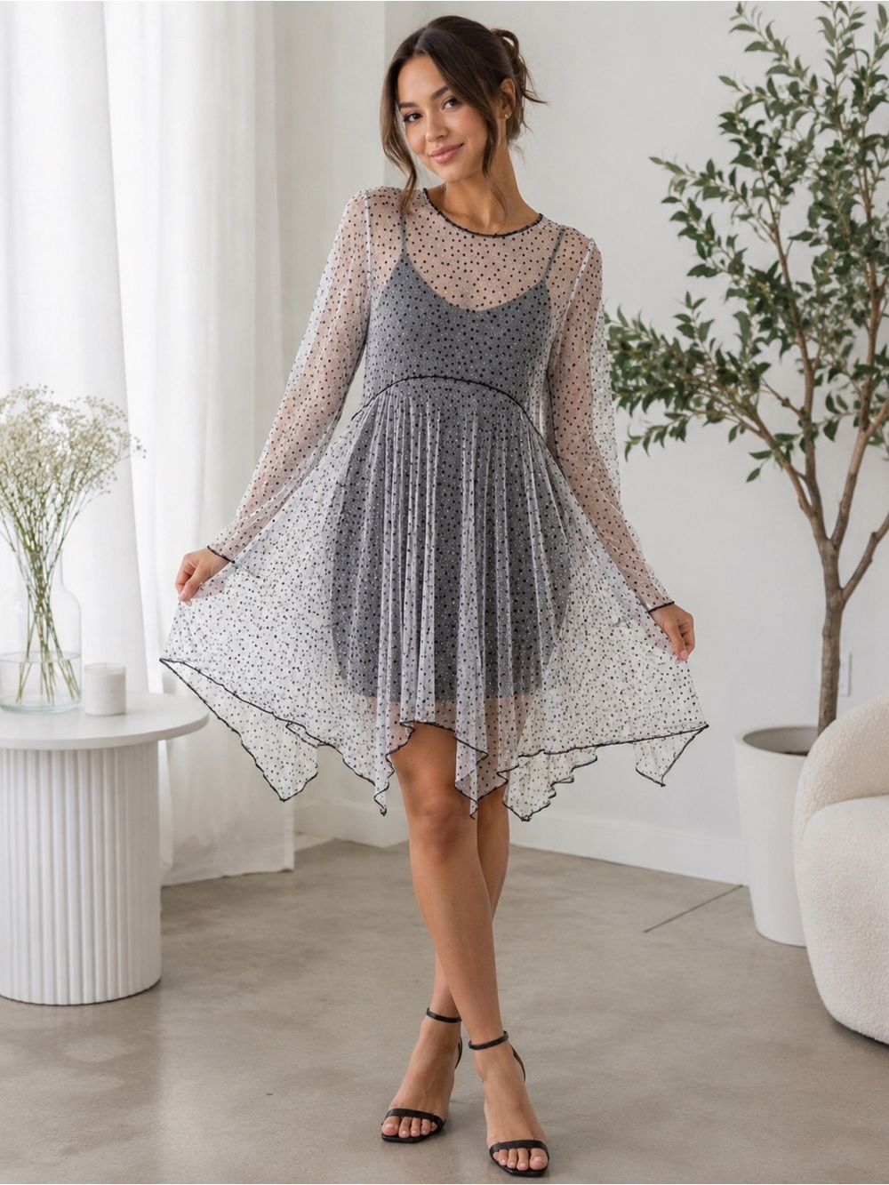 Sheer Polka Dot Mesh Handkerchief Hem Boho Tunic Dress